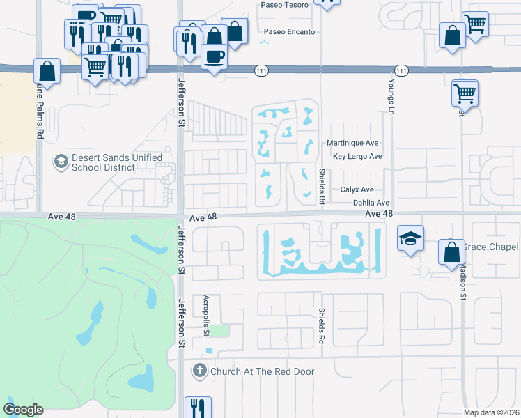 map of restaurants, bars, coffee shops, grocery stores, and more near 80394 Avenue 48 in Indio