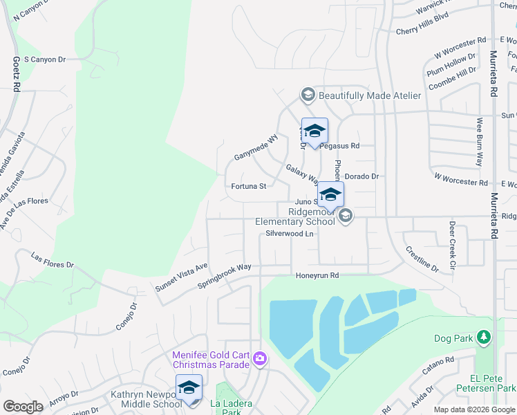 map of restaurants, bars, coffee shops, grocery stores, and more near 25217 Juno Street in Menifee