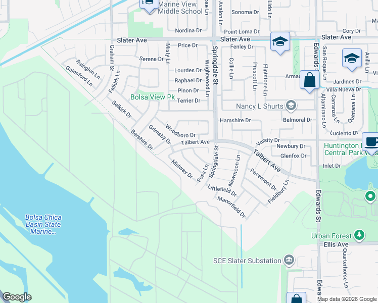 map of restaurants, bars, coffee shops, grocery stores, and more near 5861 Bellfield Lane in Huntington Beach