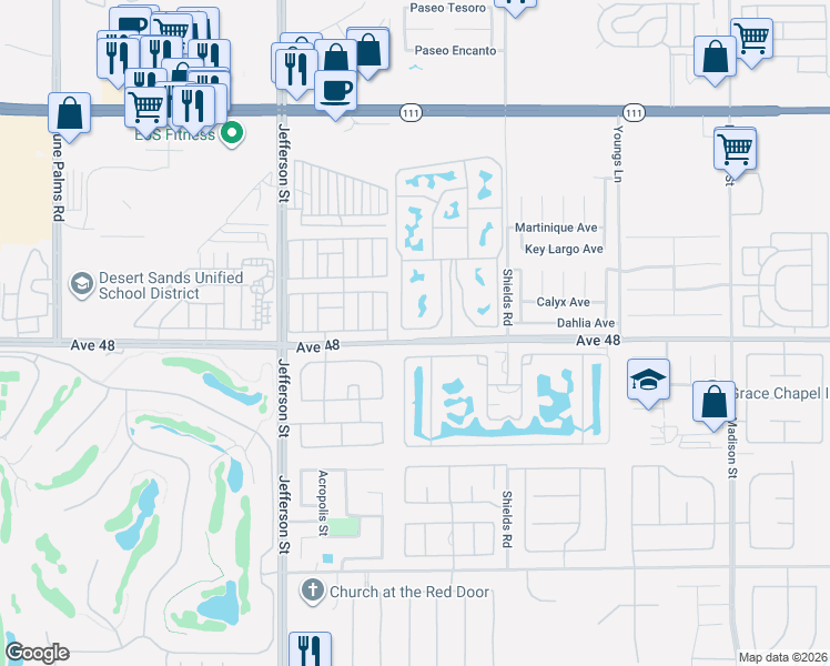 map of restaurants, bars, coffee shops, grocery stores, and more near 80394 Avenue 48 in Indio