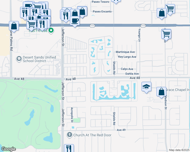 map of restaurants, bars, coffee shops, grocery stores, and more near 80394 Avenue 48 in Indio