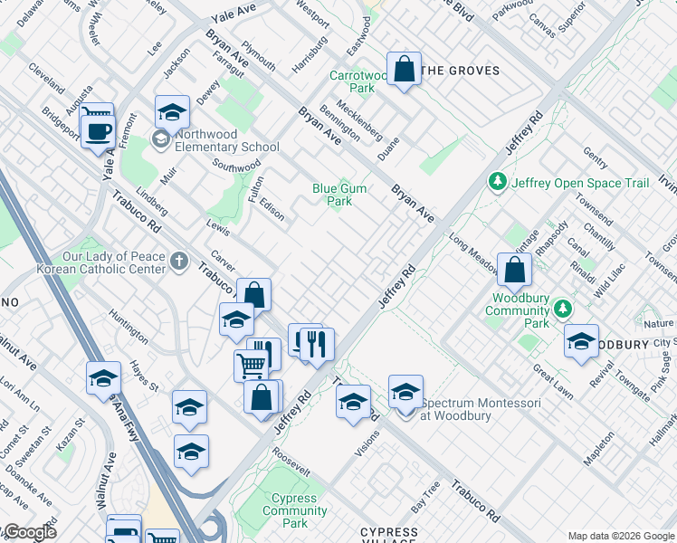 map of restaurants, bars, coffee shops, grocery stores, and more near 46 Tea Garden in Irvine