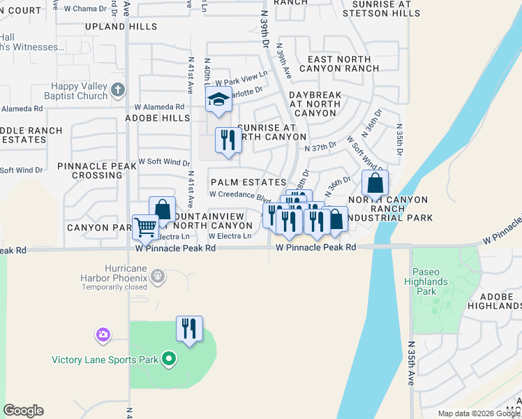map of restaurants, bars, coffee shops, grocery stores, and more near 3948 West Camino Del Rio in Glendale