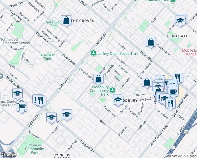 map of restaurants, bars, coffee shops, grocery stores, and more near in Irvine