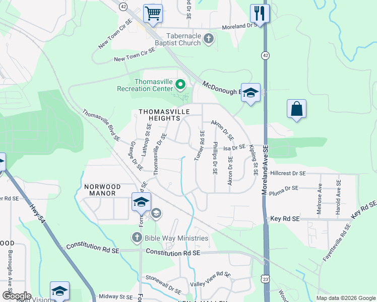 map of restaurants, bars, coffee shops, grocery stores, and more near 1965 Turner Road Southeast in Atlanta
