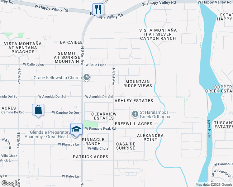 map of restaurants, bars, coffee shops, grocery stores, and more near 8080 West Avenida Del Sol in Peoria