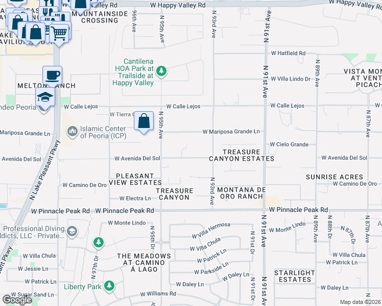 map of restaurants, bars, coffee shops, grocery stores, and more near 9338 West Avenida Del Sol in Peoria