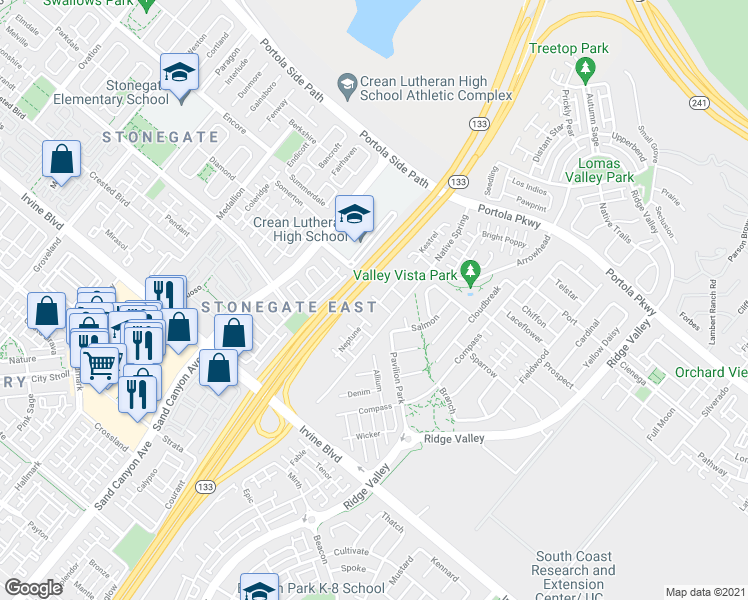 map of restaurants, bars, coffee shops, grocery stores, and more near 188 Capricorn in Irvine