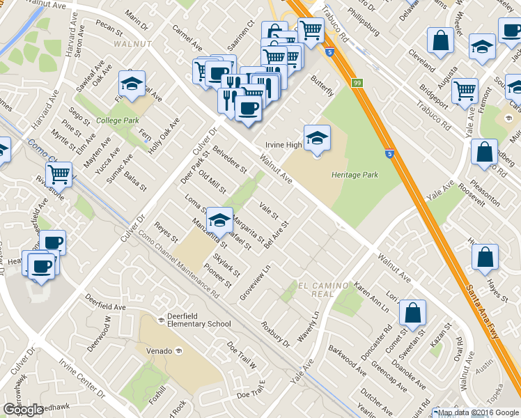 map of restaurants, bars, coffee shops, grocery stores, and more near 4302 Vale Street in Irvine