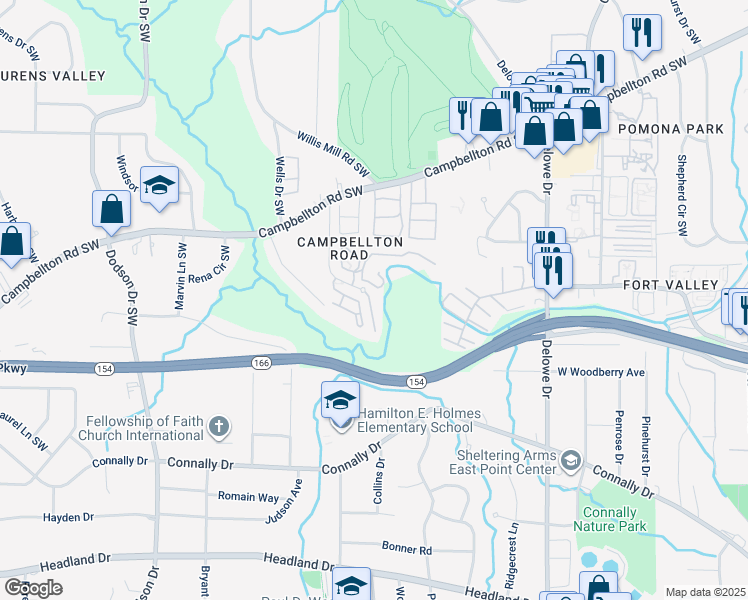 map of restaurants, bars, coffee shops, grocery stores, and more near 2039 Bent Creek Way Southwest in Atlanta