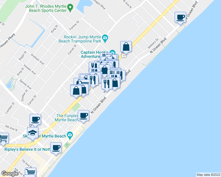 map of restaurants, bars, coffee shops, grocery stores, and more near 1909 North Ocean Boulevard in Myrtle Beach