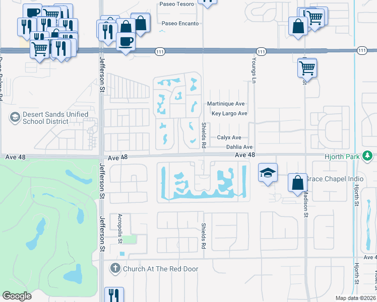 map of restaurants, bars, coffee shops, grocery stores, and more near 80394 Avenue 48 in Indio