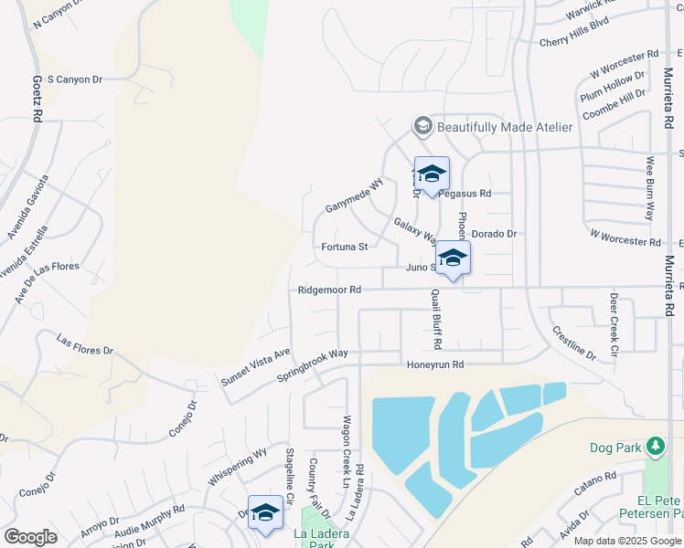 map of restaurants, bars, coffee shops, grocery stores, and more near 25119 Juno Street in Menifee