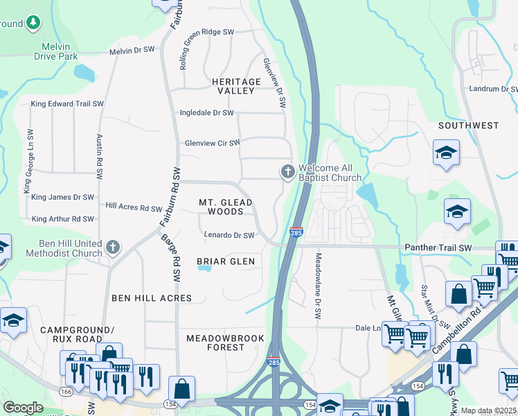 map of restaurants, bars, coffee shops, grocery stores, and more near 3439 Mount Gilead Road Southwest in Atlanta