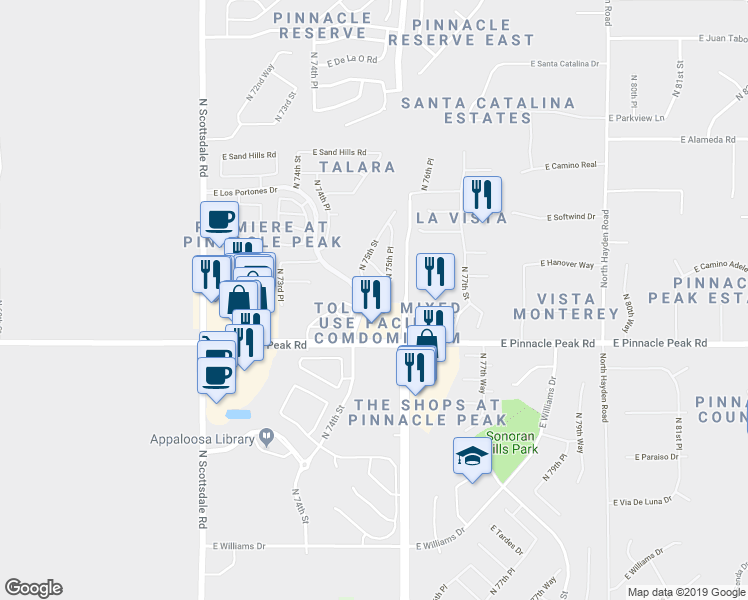 map of restaurants, bars, coffee shops, grocery stores, and more near 23501 North 75th Street in Scottsdale