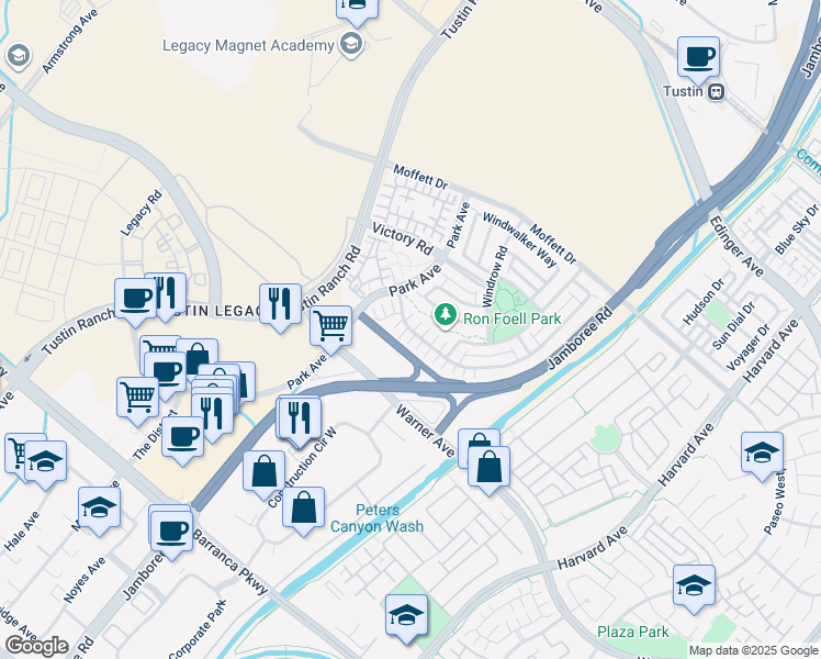 map of restaurants, bars, coffee shops, grocery stores, and more near 56 Barnes Road in Tustin