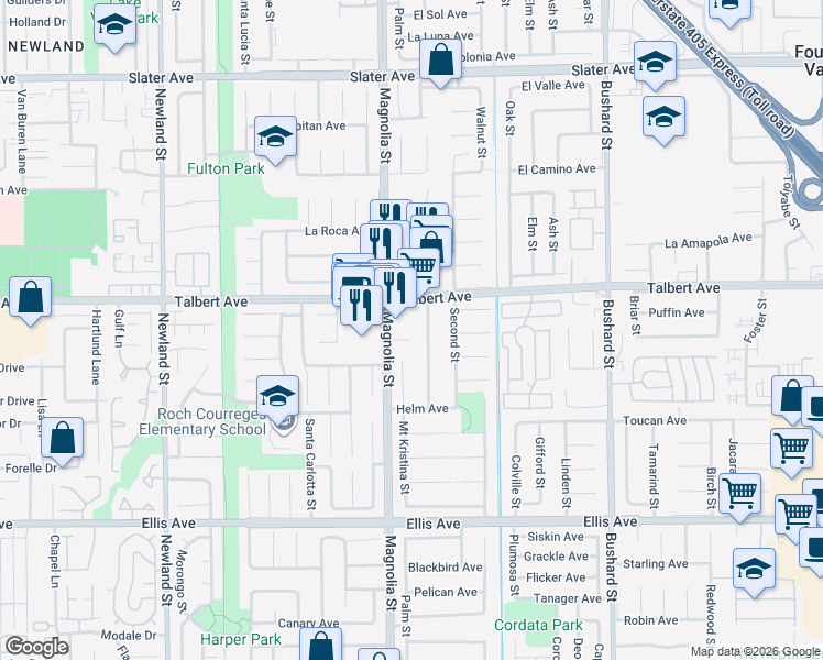 map of restaurants, bars, coffee shops, grocery stores, and more near 9053 Lemongrass Court in Fountain Valley