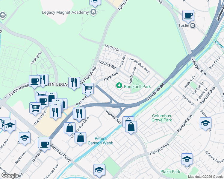 map of restaurants, bars, coffee shops, grocery stores, and more near 62 Barnes Road in Tustin