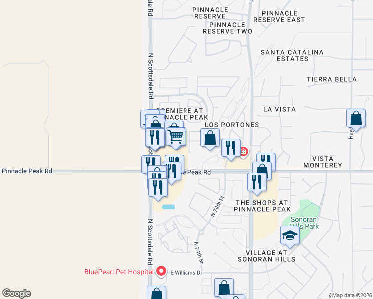 map of restaurants, bars, coffee shops, grocery stores, and more near 23578 North 73rd Place in Scottsdale