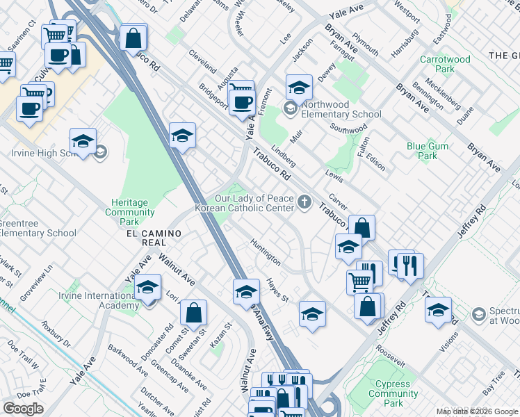 map of restaurants, bars, coffee shops, grocery stores, and more near in Irvine