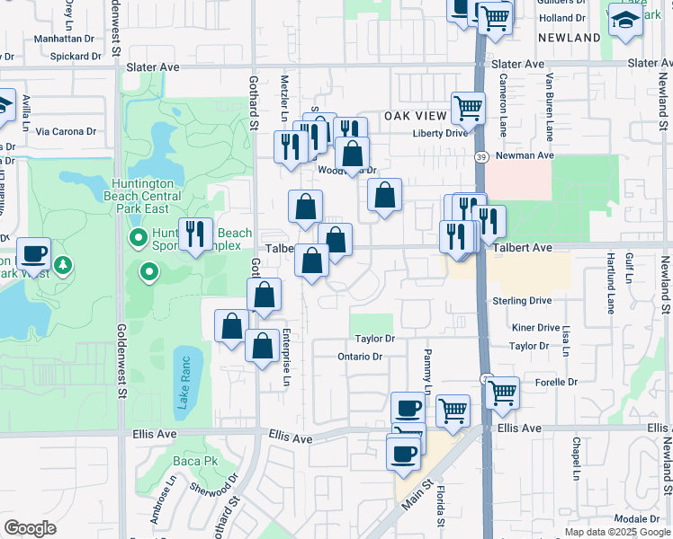 map of restaurants, bars, coffee shops, grocery stores, and more near 18062 Redondo Circle in Huntington Beach