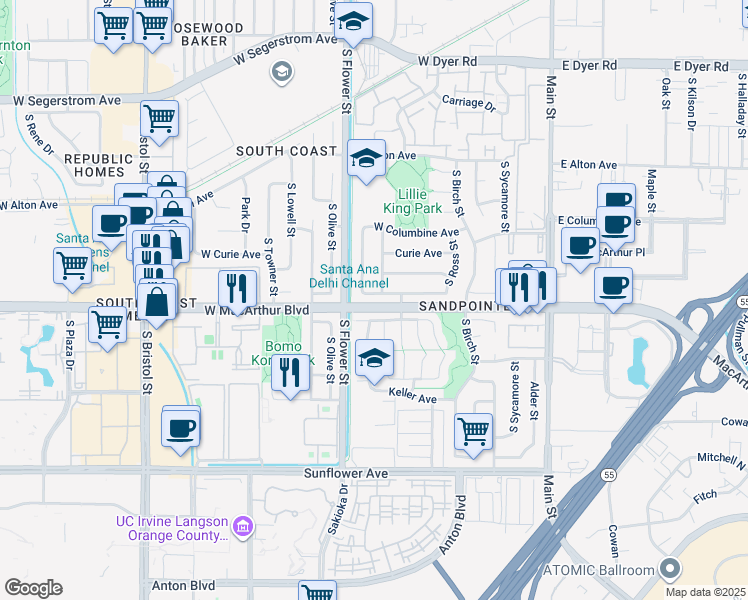 map of restaurants, bars, coffee shops, grocery stores, and more near 622 West Alpine Avenue in Santa Ana