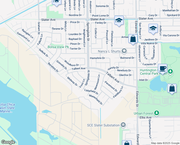 map of restaurants, bars, coffee shops, grocery stores, and more near 6012 Jasonwood Drive in Huntington Beach
