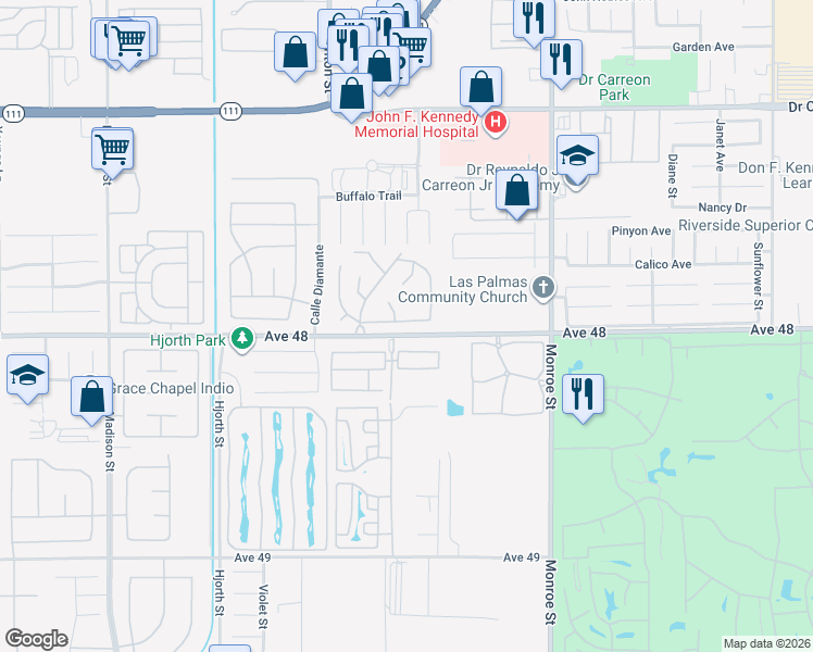 map of restaurants, bars, coffee shops, grocery stores, and more near 81713 San Cristobal Avenue in Indio