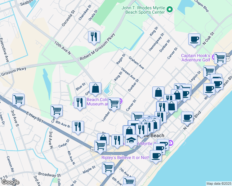map of restaurants, bars, coffee shops, grocery stores, and more near 1053 Futrell Drive in Myrtle Beach