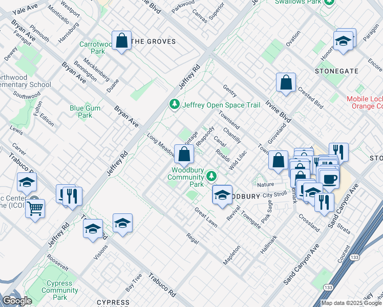 map of restaurants, bars, coffee shops, grocery stores, and more near 132 Vintage in Irvine