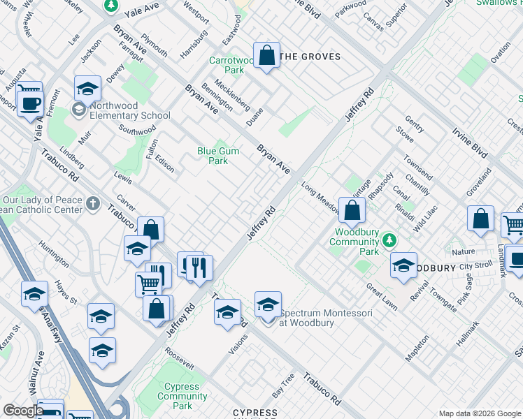 map of restaurants, bars, coffee shops, grocery stores, and more near 95 Wonderland in Irvine