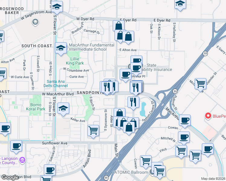 map of restaurants, bars, coffee shops, grocery stores, and more near in Santa Ana