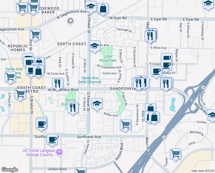 map of restaurants, bars, coffee shops, grocery stores, and more near 518 West Alpine Avenue in Santa Ana
