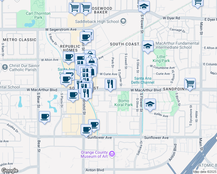 map of restaurants, bars, coffee shops, grocery stores, and more near 1001 West MacArthur Boulevard in Santa Ana