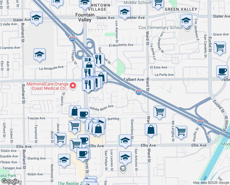 map of restaurants, bars, coffee shops, grocery stores, and more near 18092 Muir Woods Court in Fountain Valley