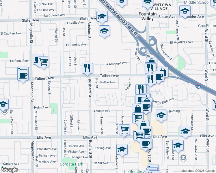 map of restaurants, bars, coffee shops, grocery stores, and more near 9678 Puffin Avenue in Fountain Valley