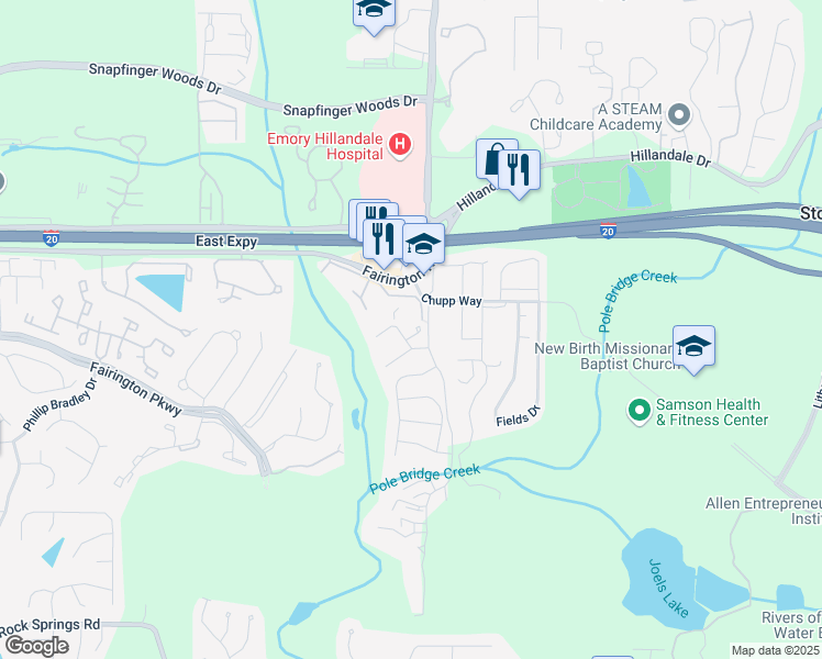 map of restaurants, bars, coffee shops, grocery stores, and more near Parc Lorraine in Stonecrest
