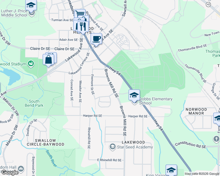 map of restaurants, bars, coffee shops, grocery stores, and more near 373 Adelle Street Southeast in Atlanta