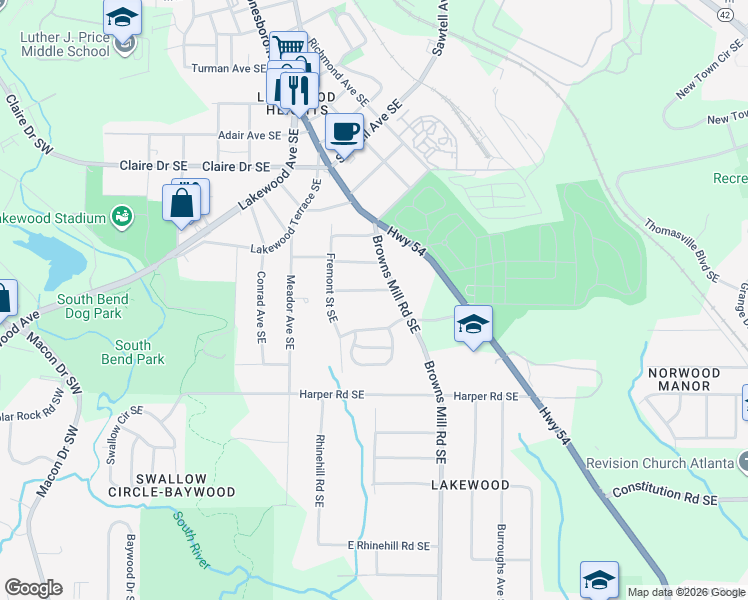 map of restaurants, bars, coffee shops, grocery stores, and more near 373 Adelle Street Southeast in Atlanta