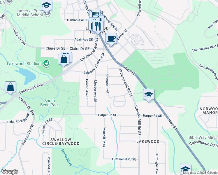 map of restaurants, bars, coffee shops, grocery stores, and more near 335 Adelle Street Southeast in Atlanta
