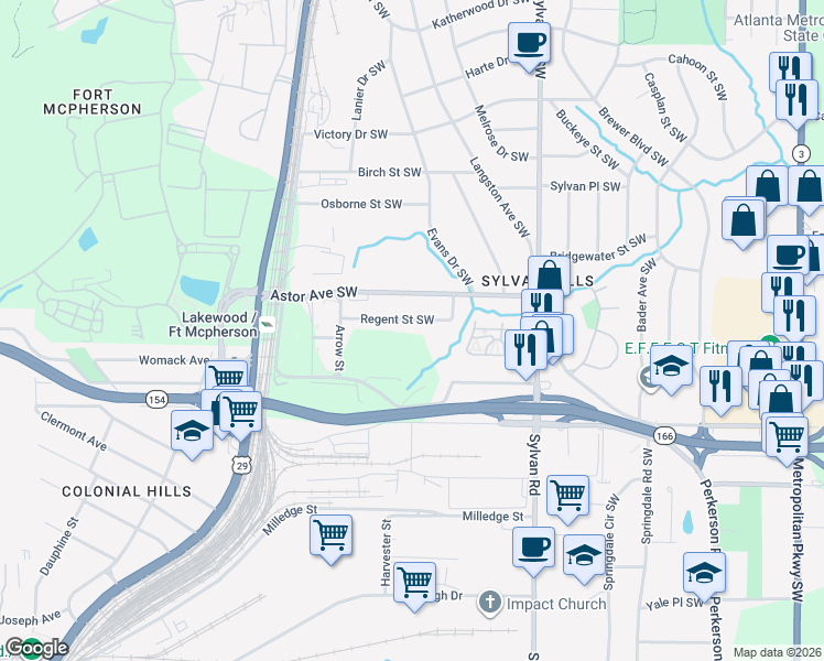 map of restaurants, bars, coffee shops, grocery stores, and more near 1050 Regent Street Southwest in Atlanta