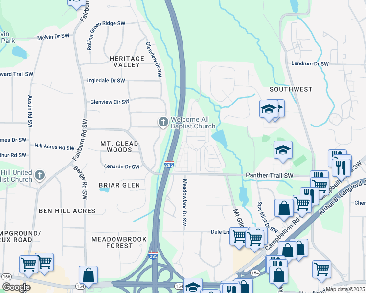 map of restaurants, bars, coffee shops, grocery stores, and more near 3579 Parc Circle Southwest in Atlanta