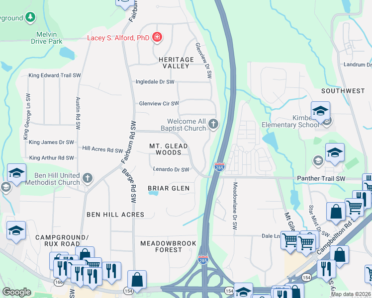 map of restaurants, bars, coffee shops, grocery stores, and more near 3439 Mount Gilead Road Southwest in Atlanta