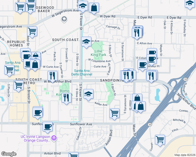 map of restaurants, bars, coffee shops, grocery stores, and more near 518 West Alpine Avenue in Santa Ana