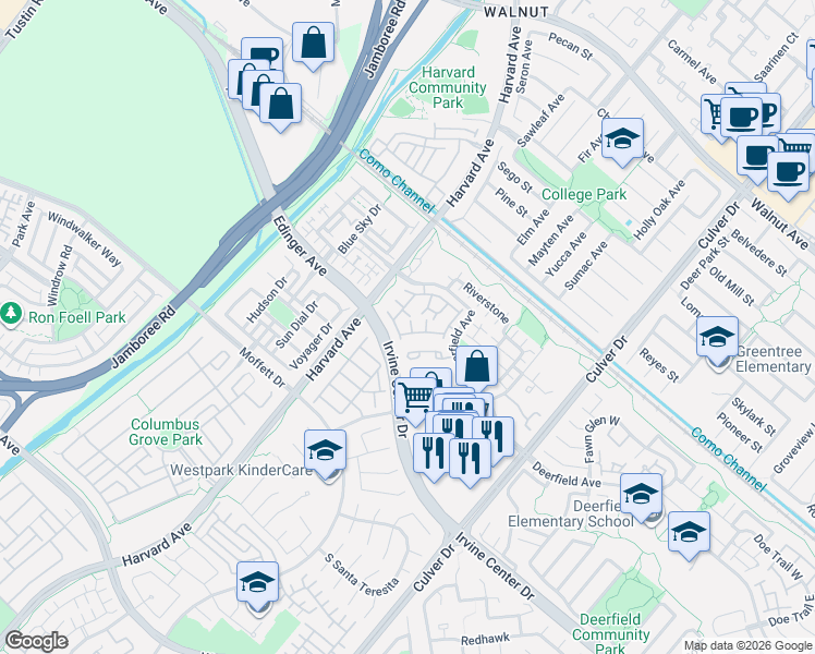map of restaurants, bars, coffee shops, grocery stores, and more near 346 Deerfield Avenue in Irvine