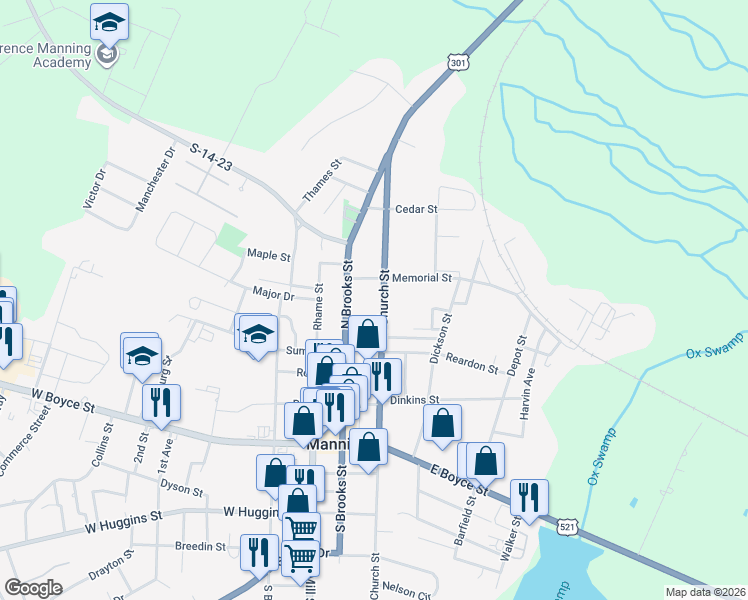 map of restaurants, bars, coffee shops, grocery stores, and more near 227 North Church Street in Manning