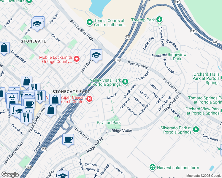 map of restaurants, bars, coffee shops, grocery stores, and more near 109 Sabiosa in Irvine