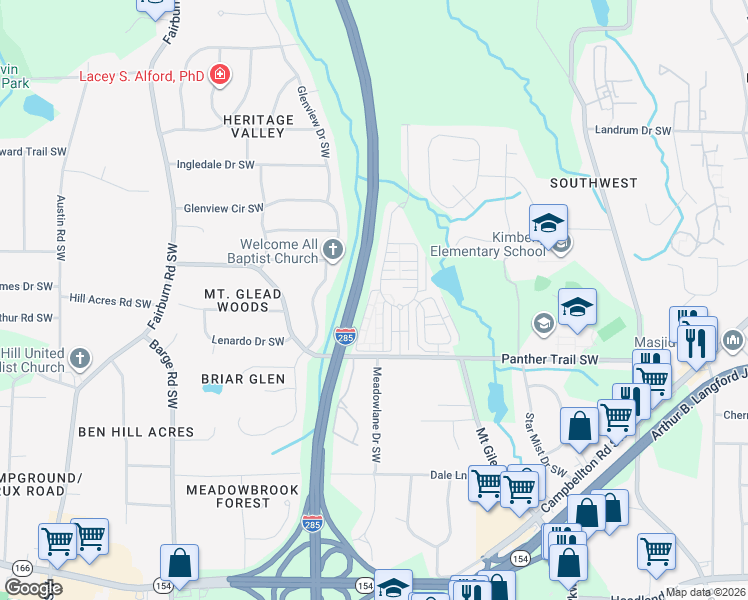 map of restaurants, bars, coffee shops, grocery stores, and more near 3579 Parc Circle Southwest in Atlanta