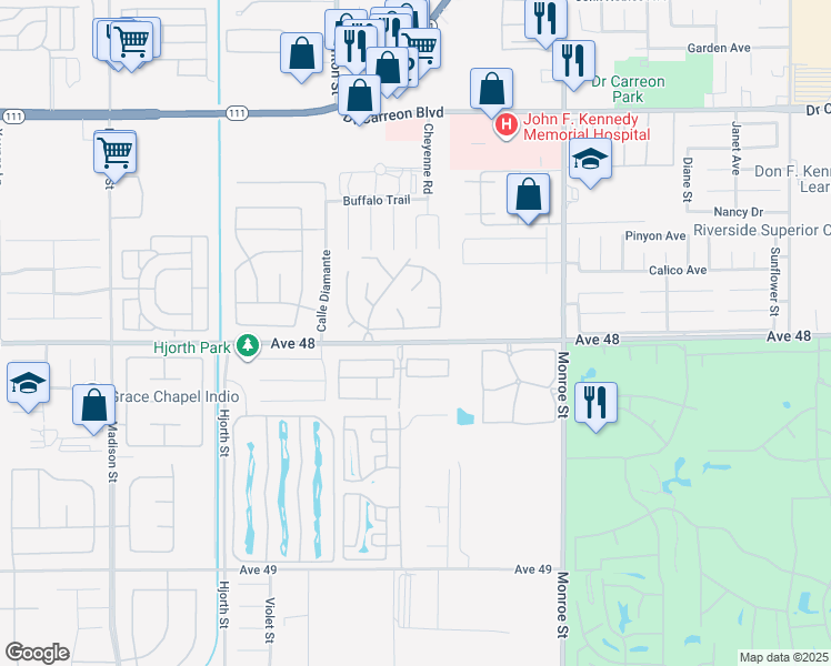 map of restaurants, bars, coffee shops, grocery stores, and more near 81713 San Cristobal Avenue in Indio