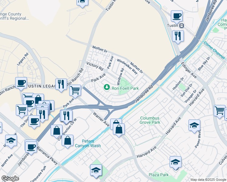 map of restaurants, bars, coffee shops, grocery stores, and more near 33 Stafford Place in Tustin